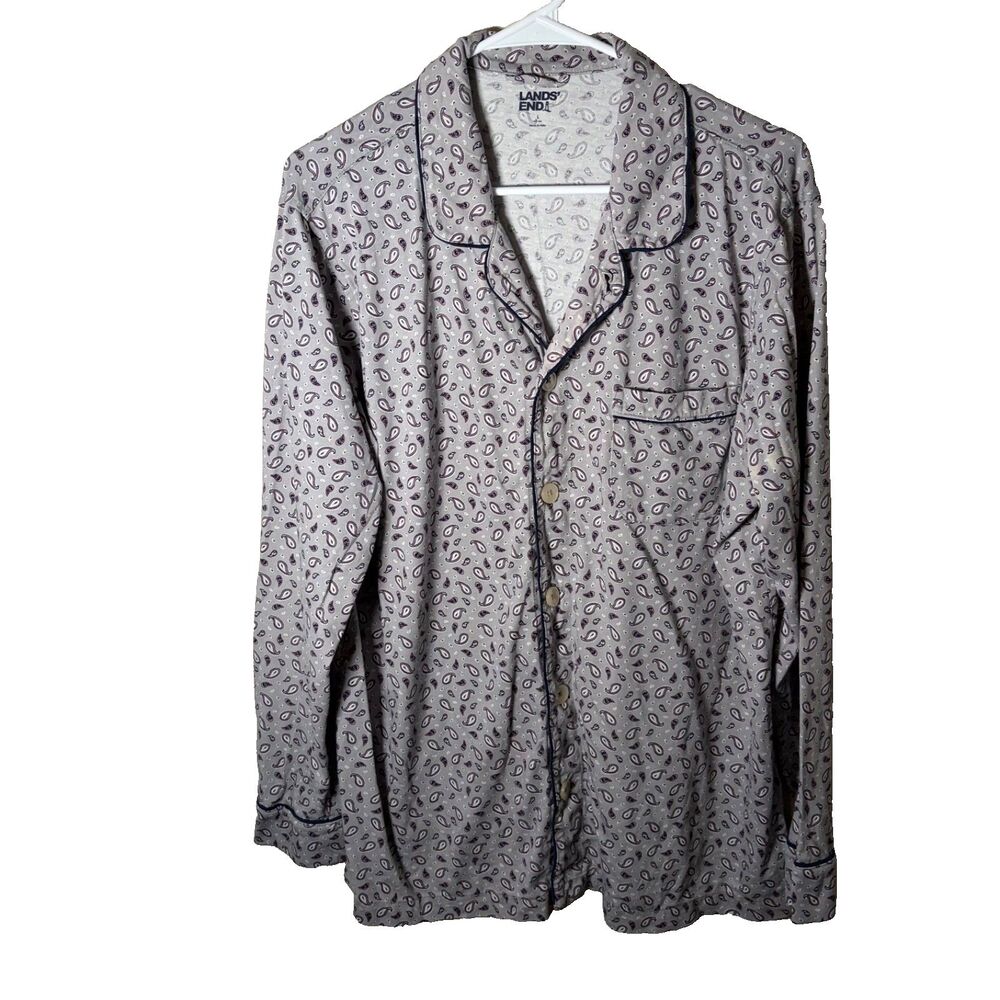Lands' End Shirt Women's Large Gray Button Up Long Sleeve Pajama Casual